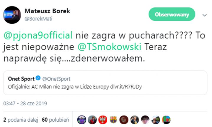 REAKCJA Mateusza Borka na to, że Piątek nie zagra w LE! :D